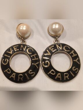 Givenchy Black and Gold Logo Drop Earrings with Pearl Studs